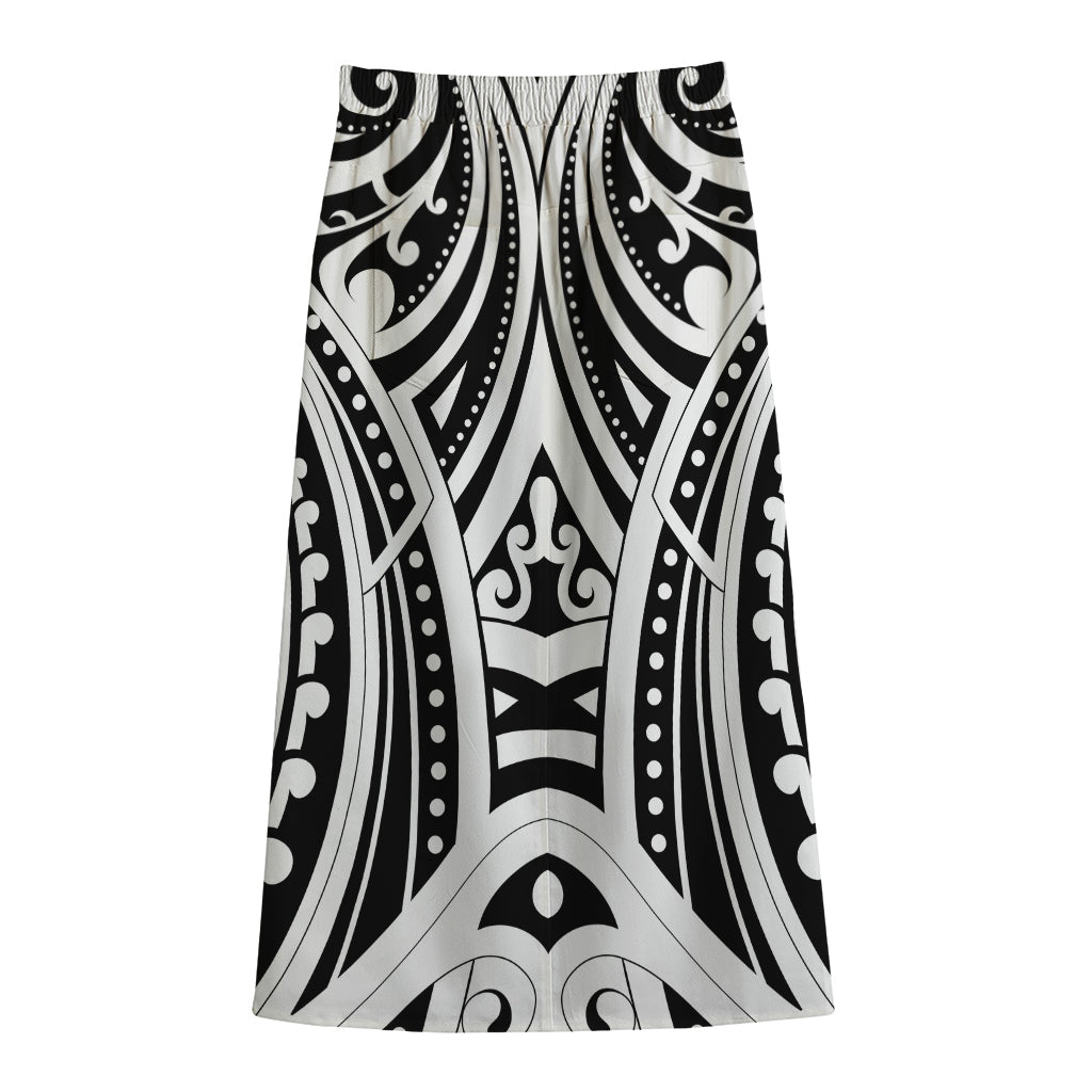 Maori Tribal Tattoo Pattern Print Cotton Front Slit Maxi Skirt