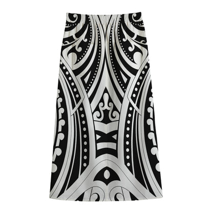 Maori Tribal Tattoo Pattern Print Cotton Front Slit Maxi Skirt