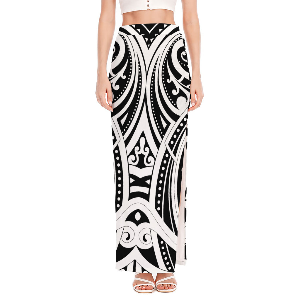 Maori Tribal Tattoo Pattern Print High Slit Maxi Skirt
