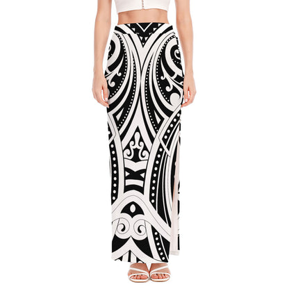 Maori Tribal Tattoo Pattern Print High Slit Maxi Skirt