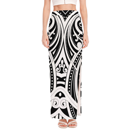 Maori Tribal Tattoo Pattern Print High Slit Maxi Skirt