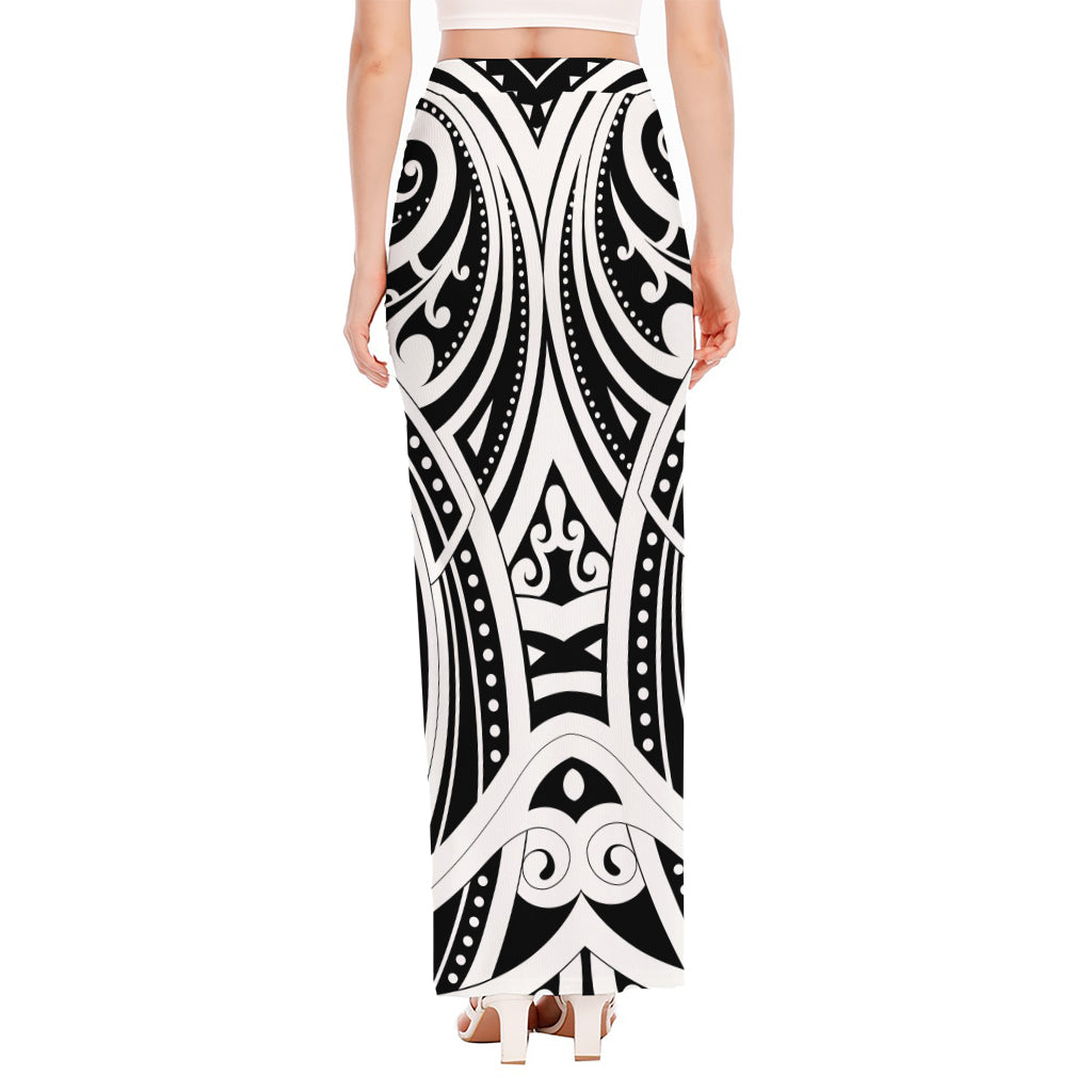 Maori Tribal Tattoo Pattern Print High Slit Maxi Skirt