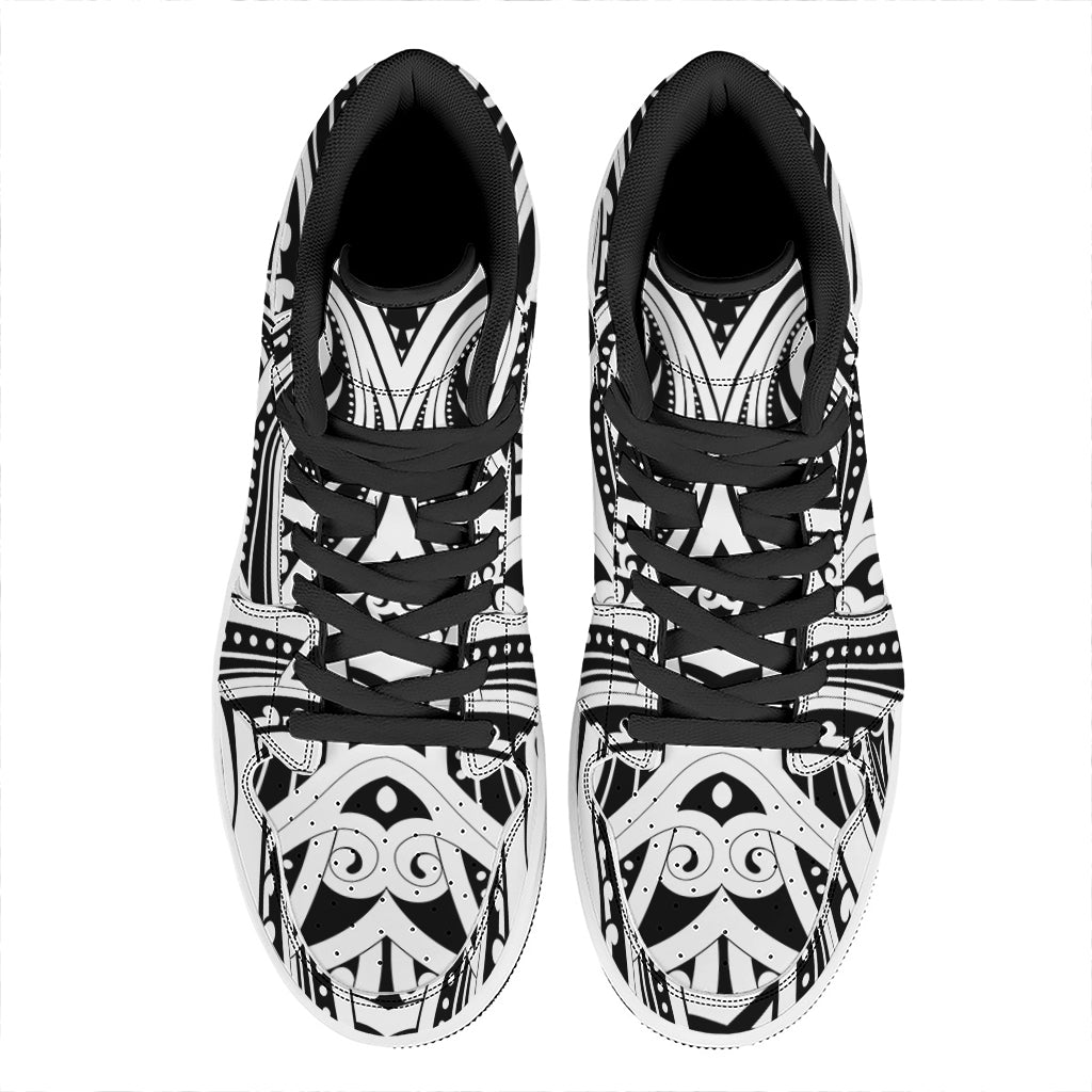 Maori Tribal Tattoo Pattern Print High Top Leather Sneakers