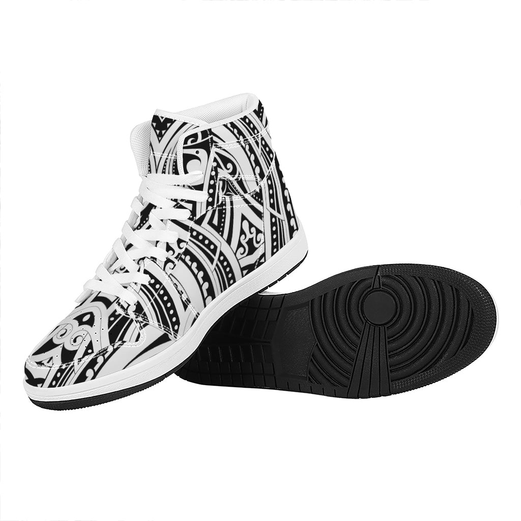 Maori Tribal Tattoo Pattern Print High Top Leather Sneakers