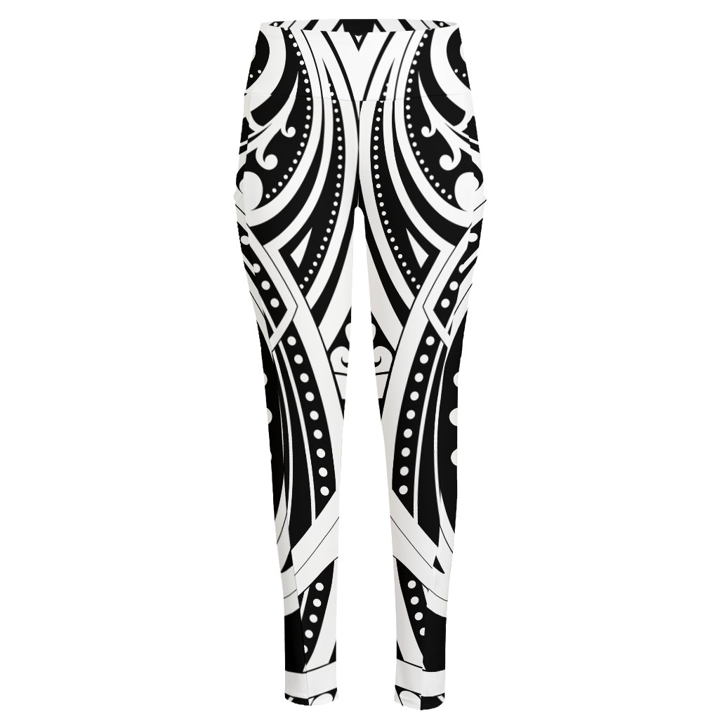 Maori Tribal Tattoo Pattern Print High-Waisted Pocket Leggings