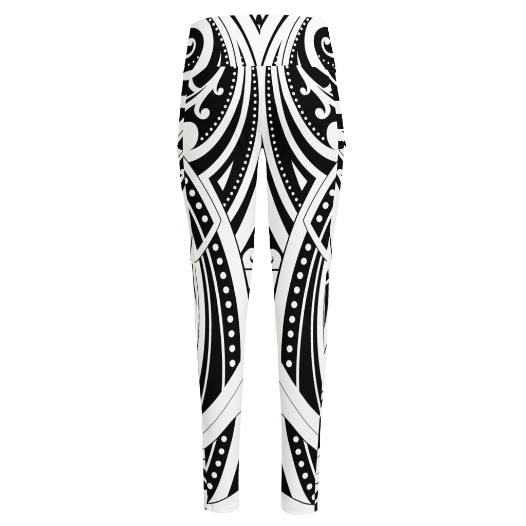 Maori Tribal Tattoo Pattern Print High-Waisted Pocket Leggings