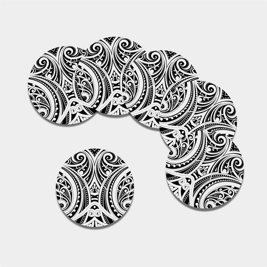Maori Tribal Tattoo Pattern Print Leather Coaster Set