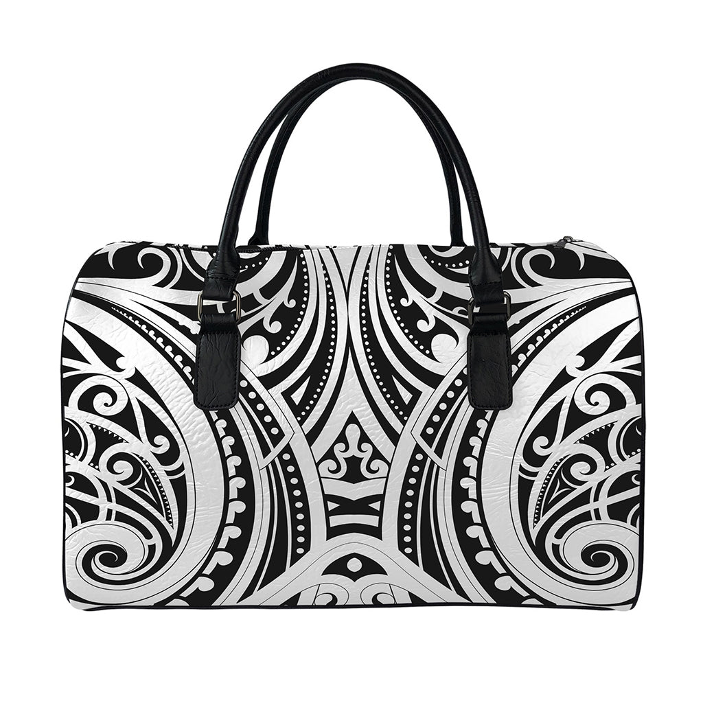 Maori Tribal Tattoo Pattern Print Leather Duffle Bag