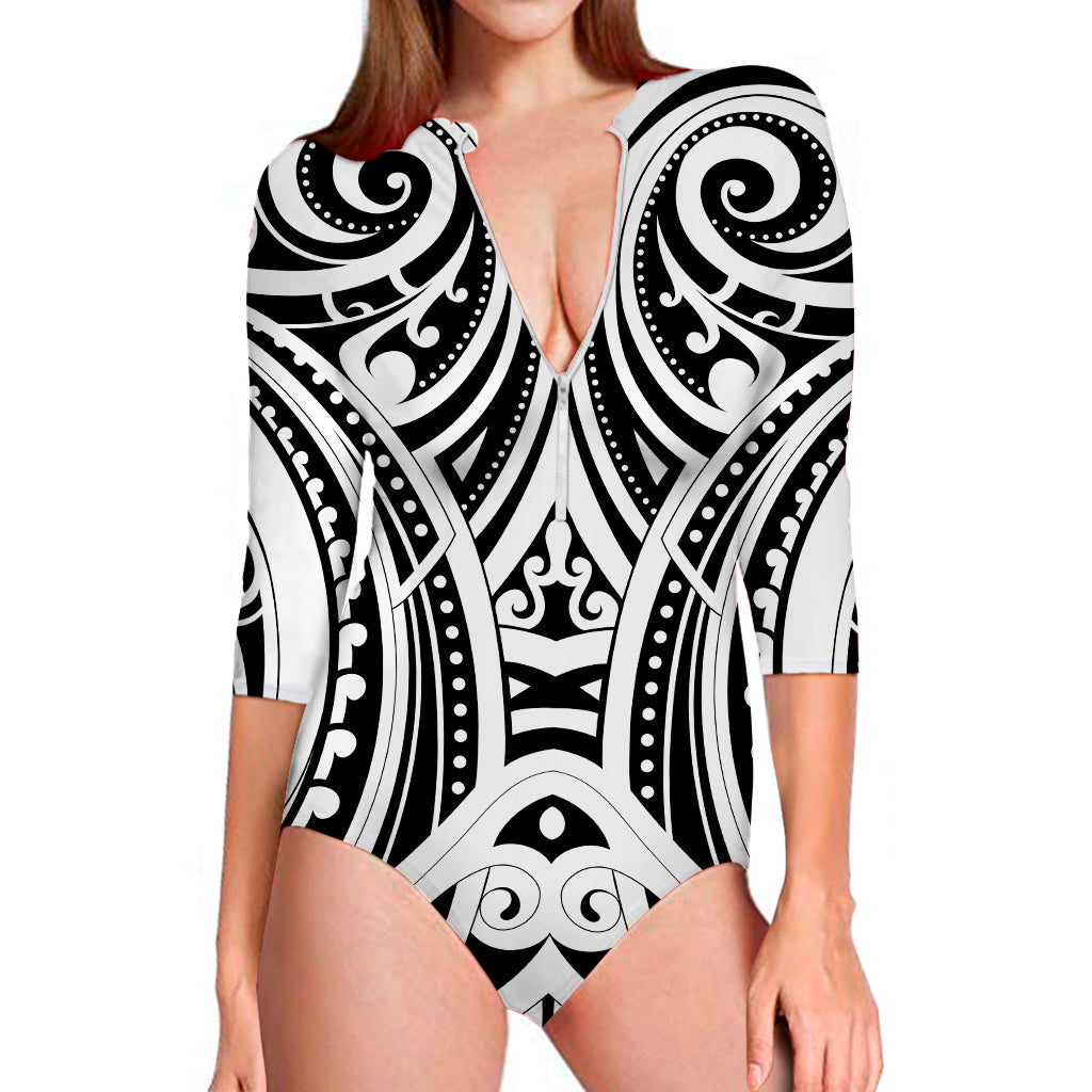 Maori Tribal Tattoo Pattern Print Long Sleeve Swimsuit