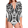 Maori Tribal Tattoo Pattern Print Long Sleeve Swimsuit