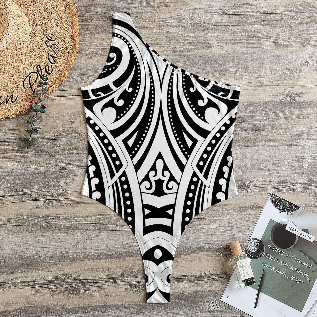 Maori Tribal Tattoo Pattern Print One Shoulder Bodysuit