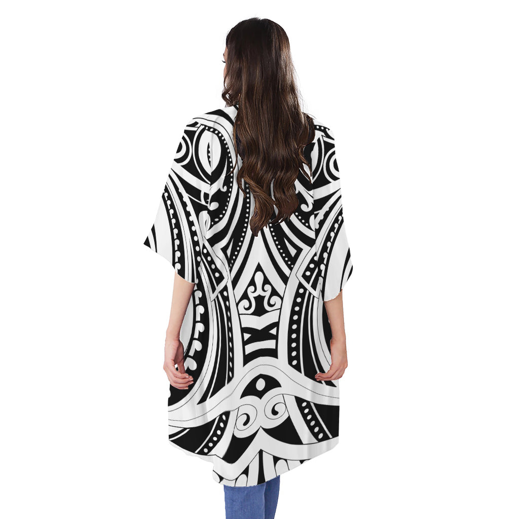 Maori Tribal Tattoo Pattern Print Open Front Beach Cover Up