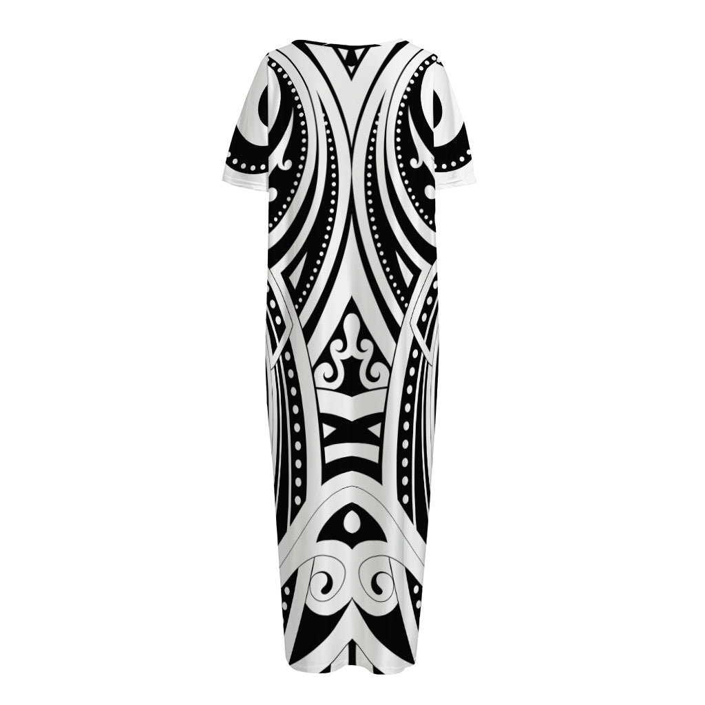 Maori Tribal Tattoo Pattern Print Short Sleeve Long Nightdress