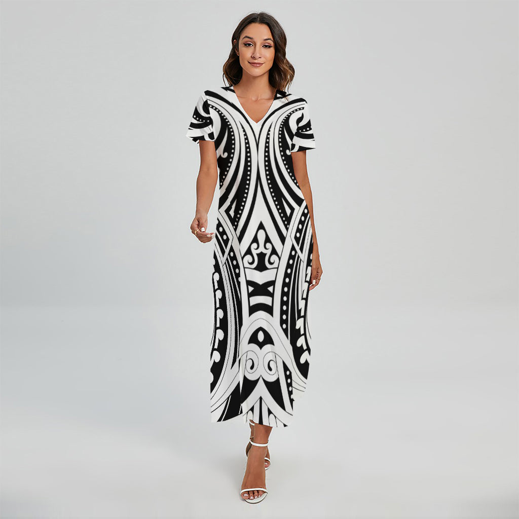 Maori Tribal Tattoo Pattern Print Short Sleeve Maxi Dress