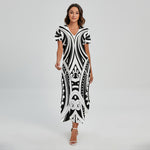 Maori Tribal Tattoo Pattern Print Short Sleeve Maxi Dress