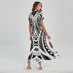 Maori Tribal Tattoo Pattern Print Short Sleeve Maxi Dress