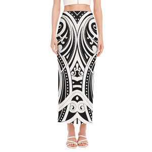 Maori Tribal Tattoo Pattern Print Side Slit Maxi Skirt