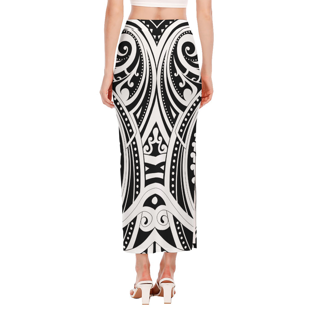 Maori Tribal Tattoo Pattern Print Side Slit Maxi Skirt