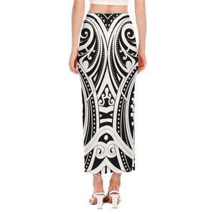 Maori Tribal Tattoo Pattern Print Side Slit Maxi Skirt