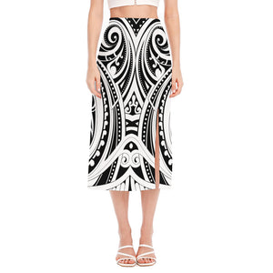 Maori Tribal Tattoo Pattern Print Side Slit Midi Skirt