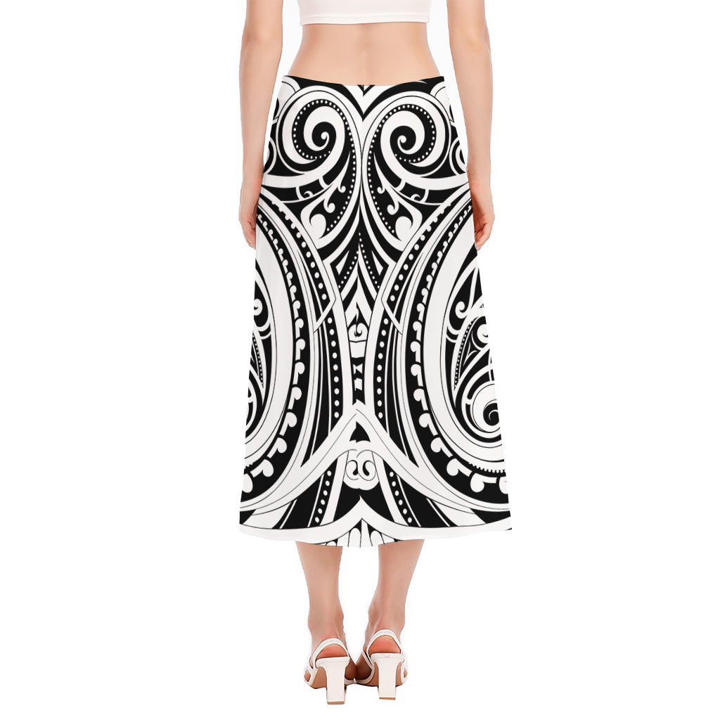 Maori Tribal Tattoo Pattern Print Side Slit Midi Skirt