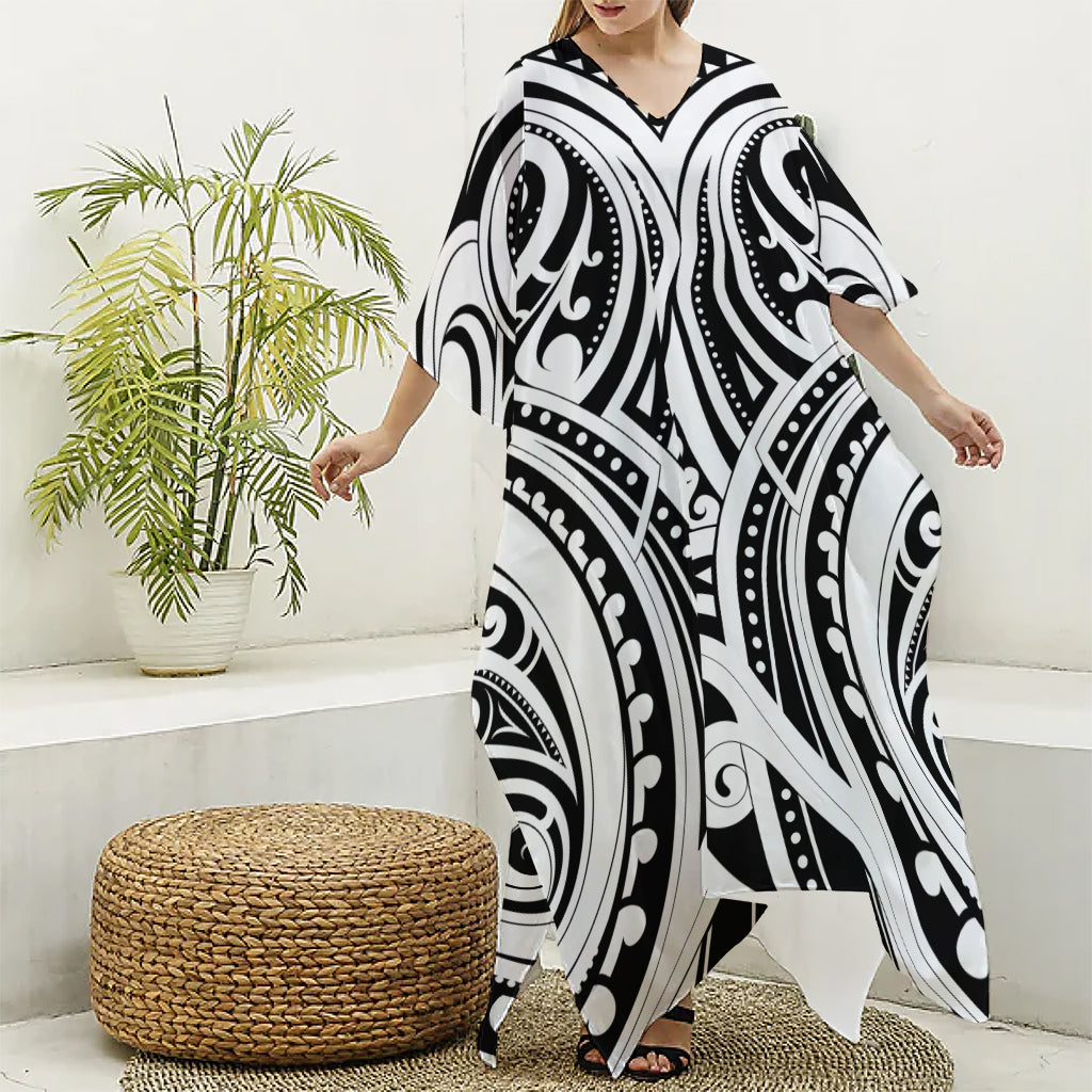 Maori Tribal Tattoo Pattern Print Silk V-Neck Kaftan Dress