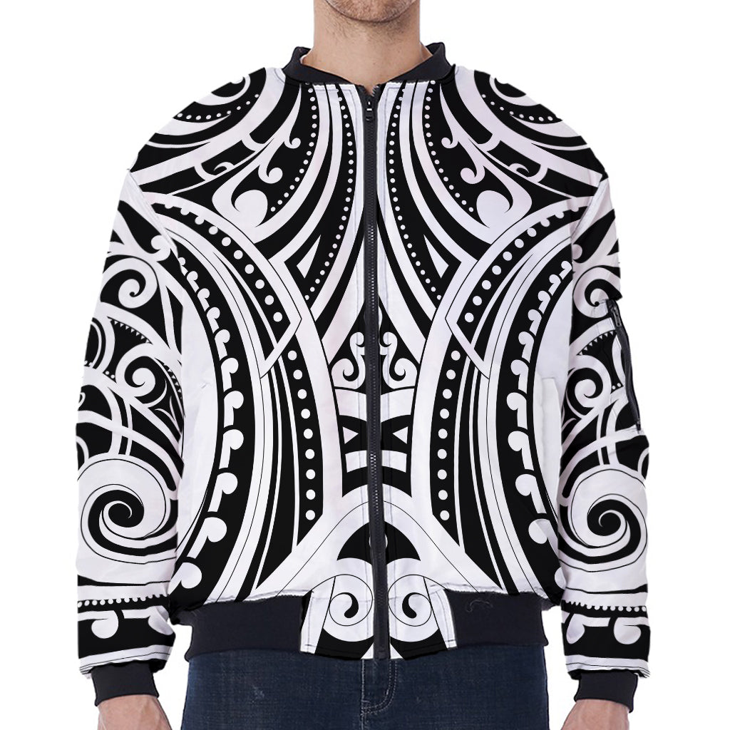 Maori Tribal Tattoo Pattern Print Zip Sleeve Bomber Jacket