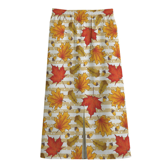 Maple And Oak Pattern Print Cotton Front Slit Maxi Skirt