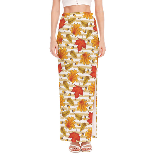 Maple And Oak Pattern Print High Slit Maxi Skirt