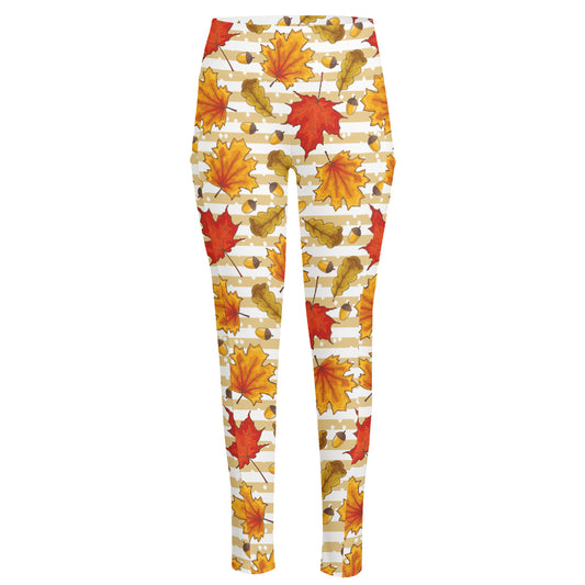 Maple And Oak Pattern Print High-Waisted Pocket Leggings