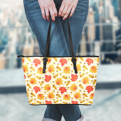 Maple And Oak Pattern Print Leather Tote Bag
