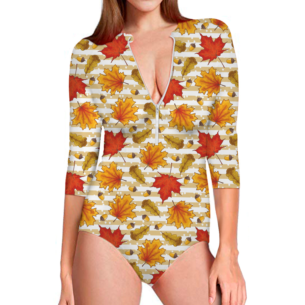Maple And Oak Pattern Print Long Sleeve Swimsuit