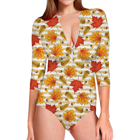 Maple And Oak Pattern Print Long Sleeve Swimsuit