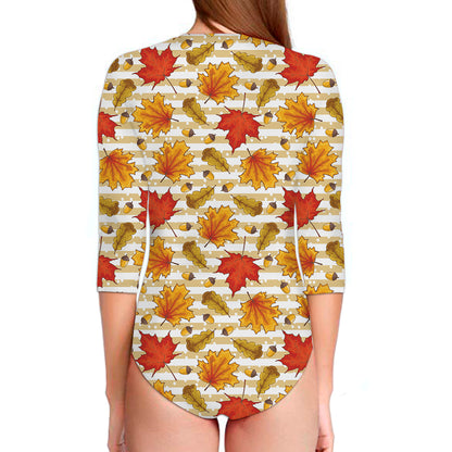 Maple And Oak Pattern Print Long Sleeve Swimsuit