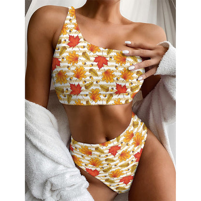 Maple And Oak Pattern Print One Shoulder Bikini Top