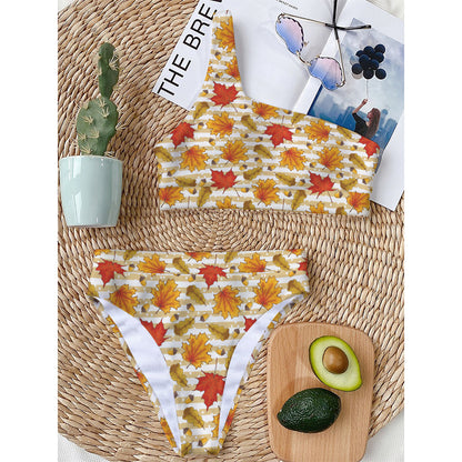 Maple And Oak Pattern Print One Shoulder Bikini Top