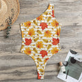 Maple And Oak Pattern Print One Shoulder Bodysuit
