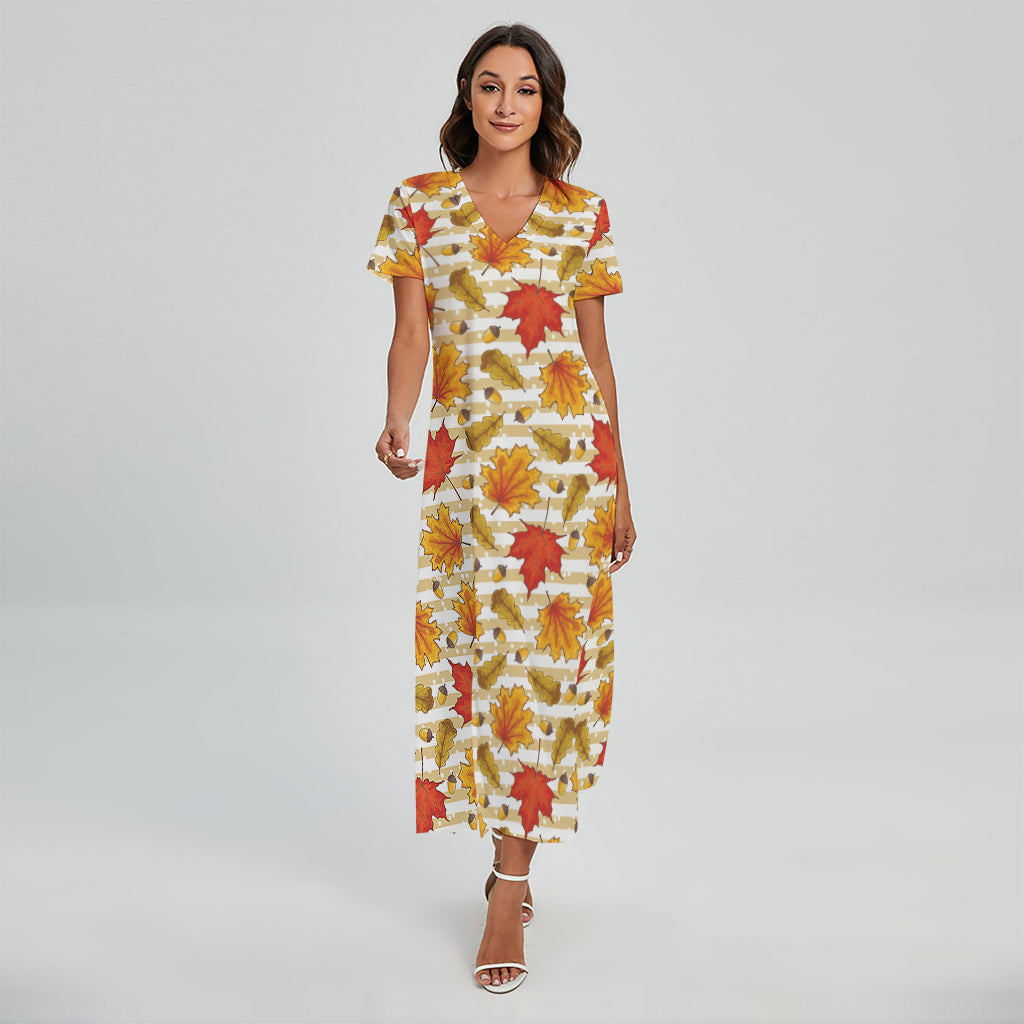 Maple And Oak Pattern Print Short Sleeve Maxi Dress