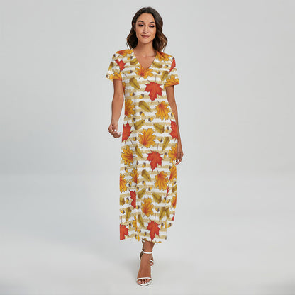 Maple And Oak Pattern Print Short Sleeve Maxi Dress