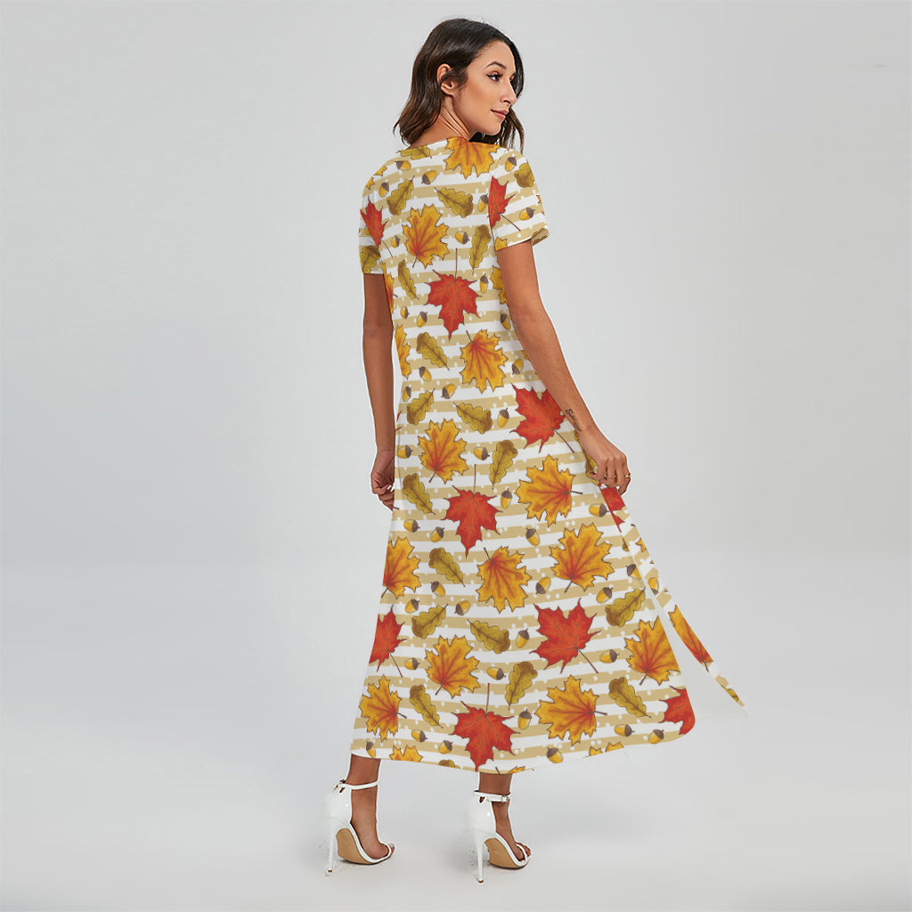 Maple And Oak Pattern Print Short Sleeve Maxi Dress