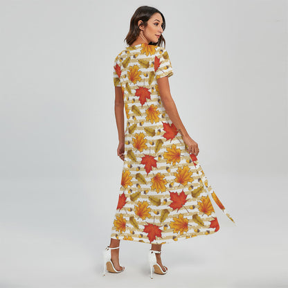 Maple And Oak Pattern Print Short Sleeve Maxi Dress