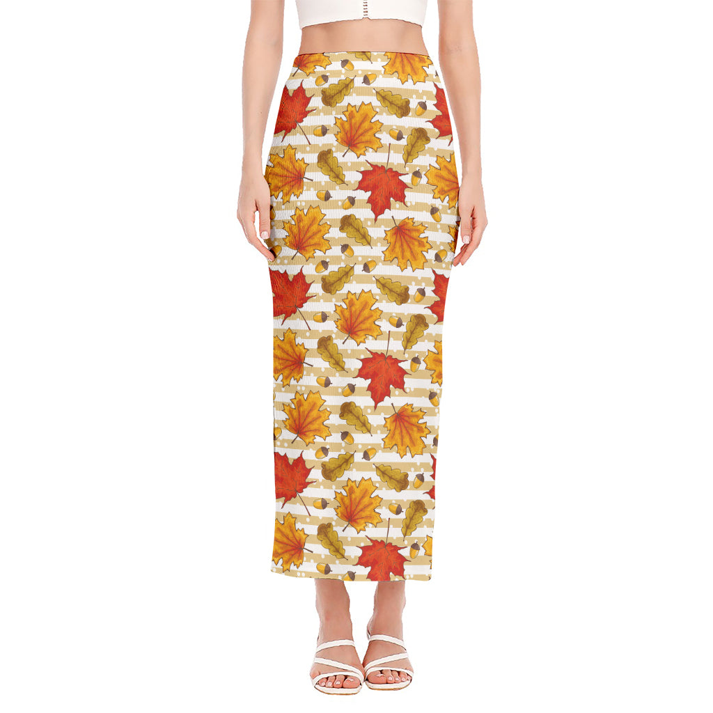 Maple And Oak Pattern Print Side Slit Maxi Skirt
