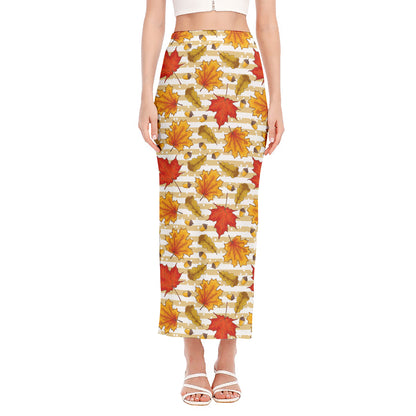 Maple And Oak Pattern Print Side Slit Maxi Skirt