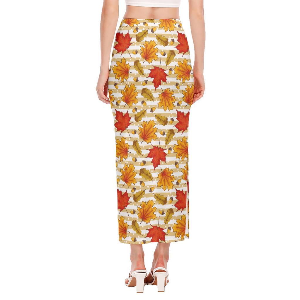 Maple And Oak Pattern Print Side Slit Maxi Skirt