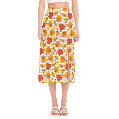 Maple And Oak Pattern Print Side Slit Midi Skirt