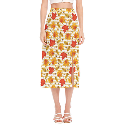 Maple And Oak Pattern Print Side Slit Midi Skirt