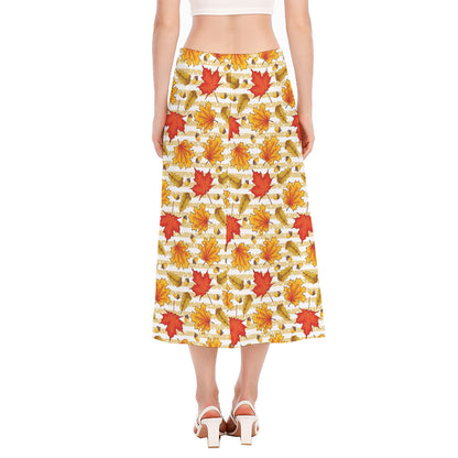 Maple And Oak Pattern Print Side Slit Midi Skirt
