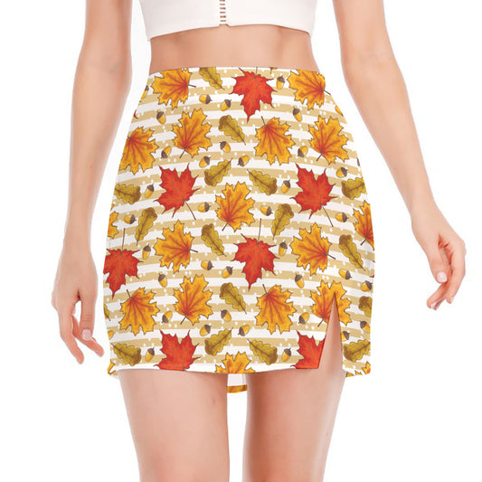 Maple And Oak Pattern Print Side Slit Mini Skirt