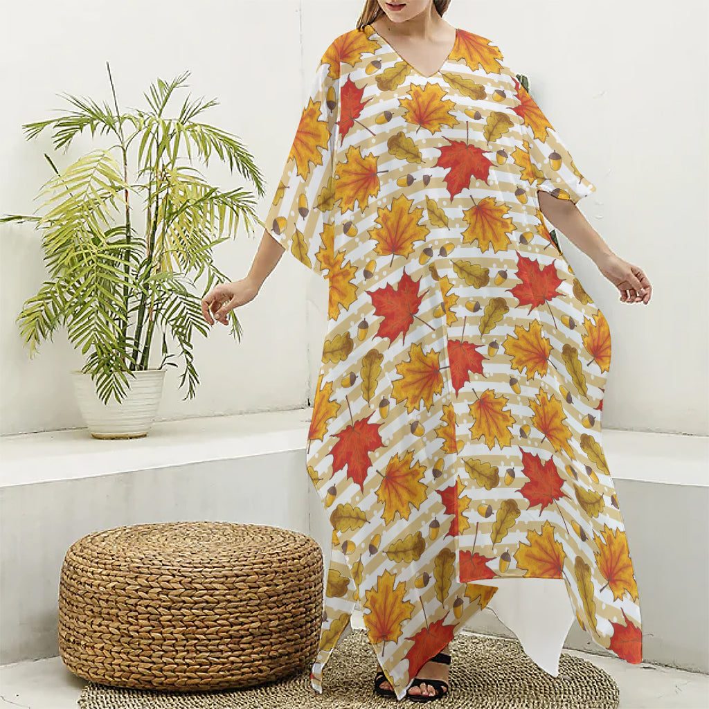 Maple And Oak Pattern Print Silk V-Neck Kaftan Dress
