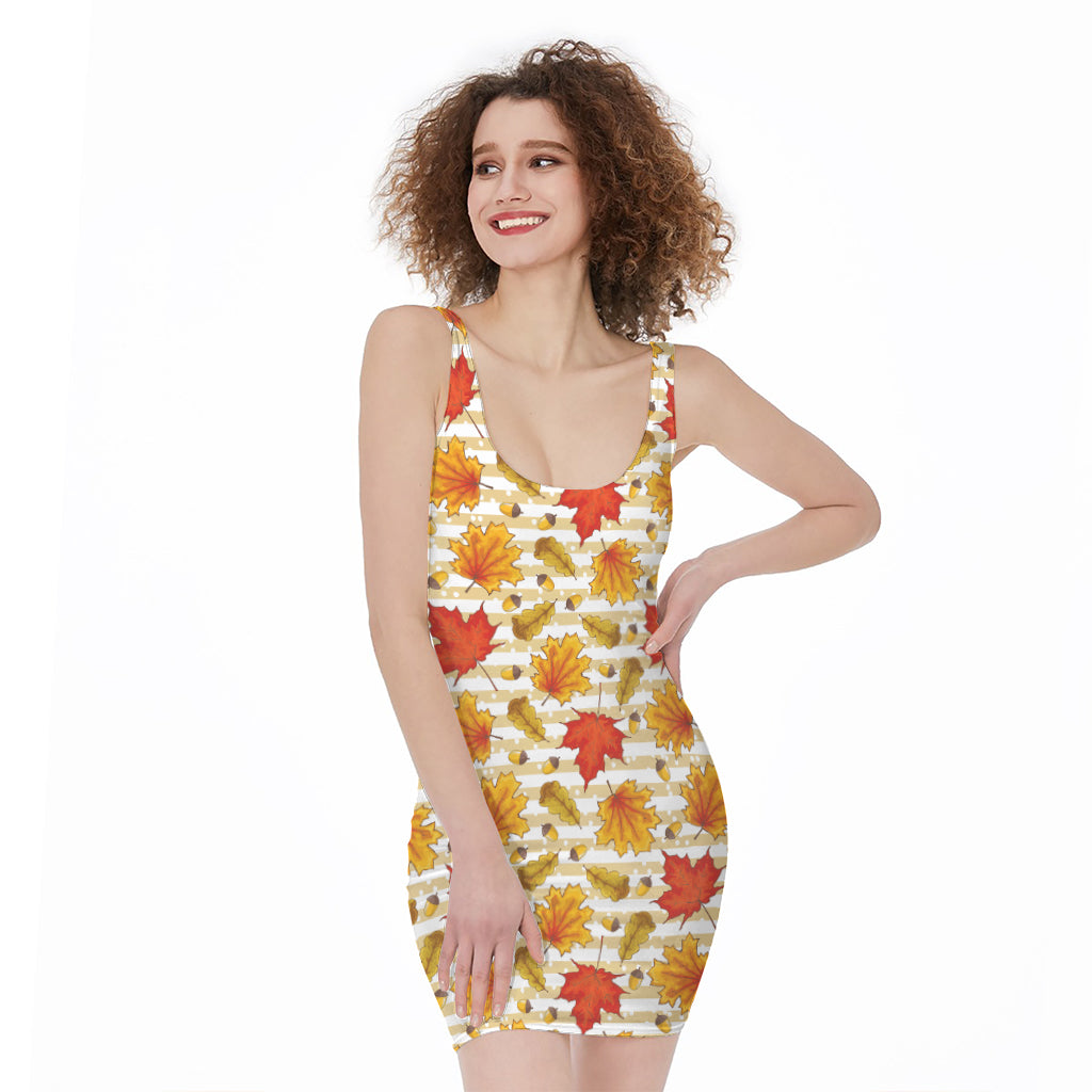 Maple And Oak Pattern Print Sleeveless Bodycon Dress